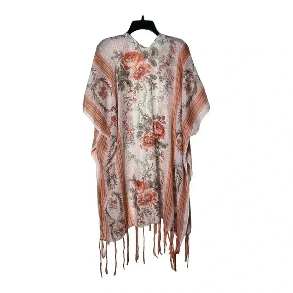 1816. ALCHEMY THREAD FRINGE FLORAL PONCHO LIKE KIMONO ORANGE/CREAM‎ ONE SIZE - Picture 9 of 9